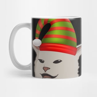 Funny Woman Yelling at a Confused Cat at Dinner Table (Christmas edition) Mug